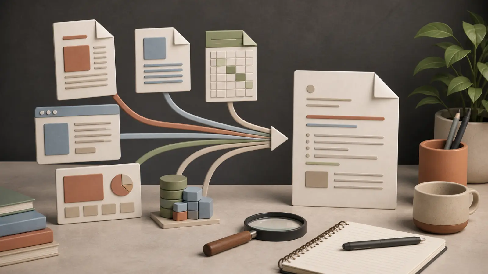 Illustrated document formats flowing into a structured Markdown file