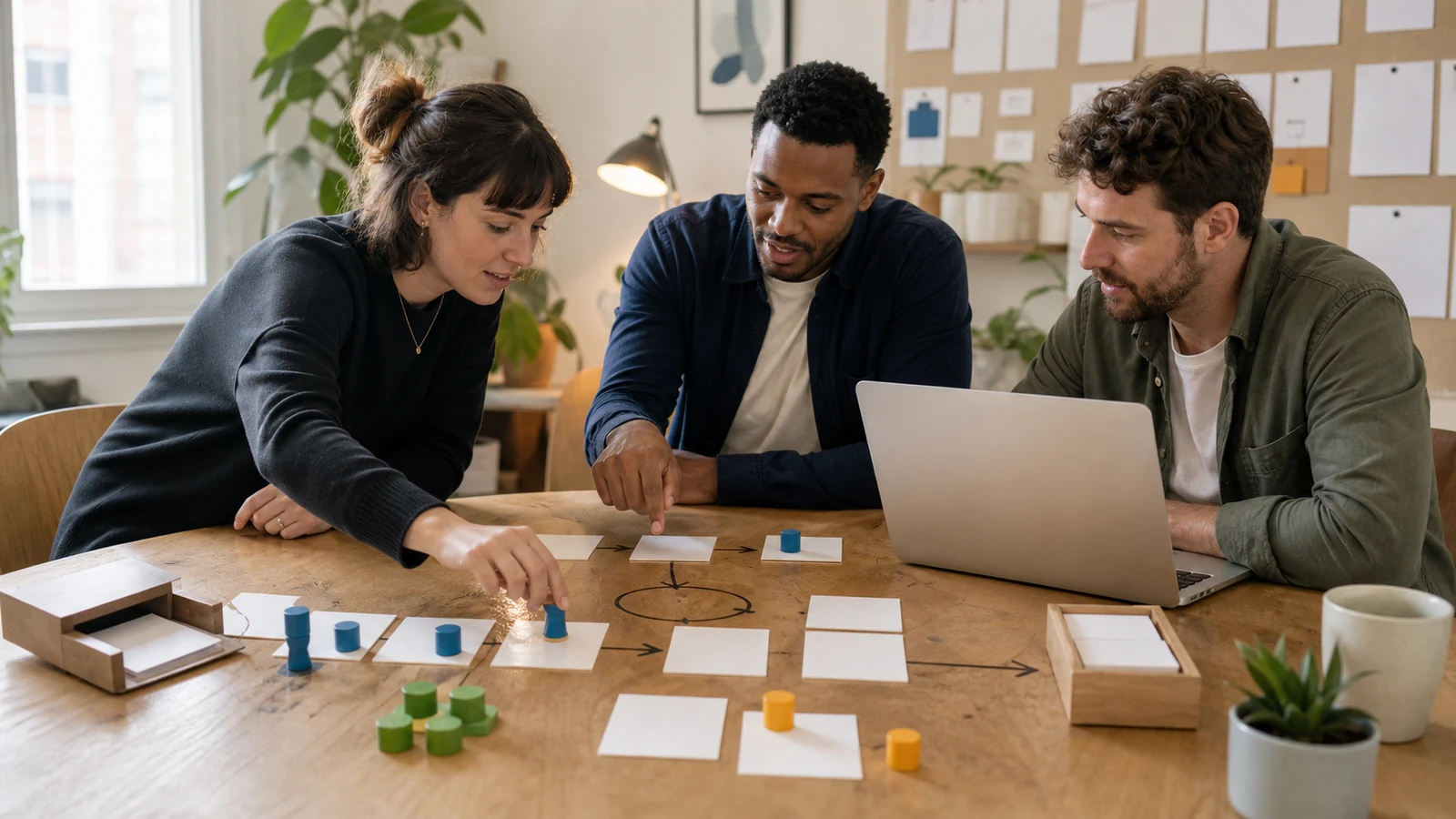 Three engineers arrange cards and colored tokens to plan a document conversion API workflow