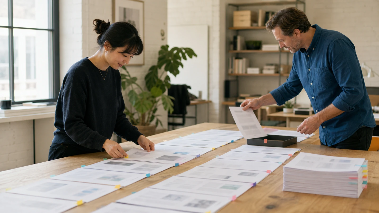 Two colleagues organize and review a long sequence of printed document pages