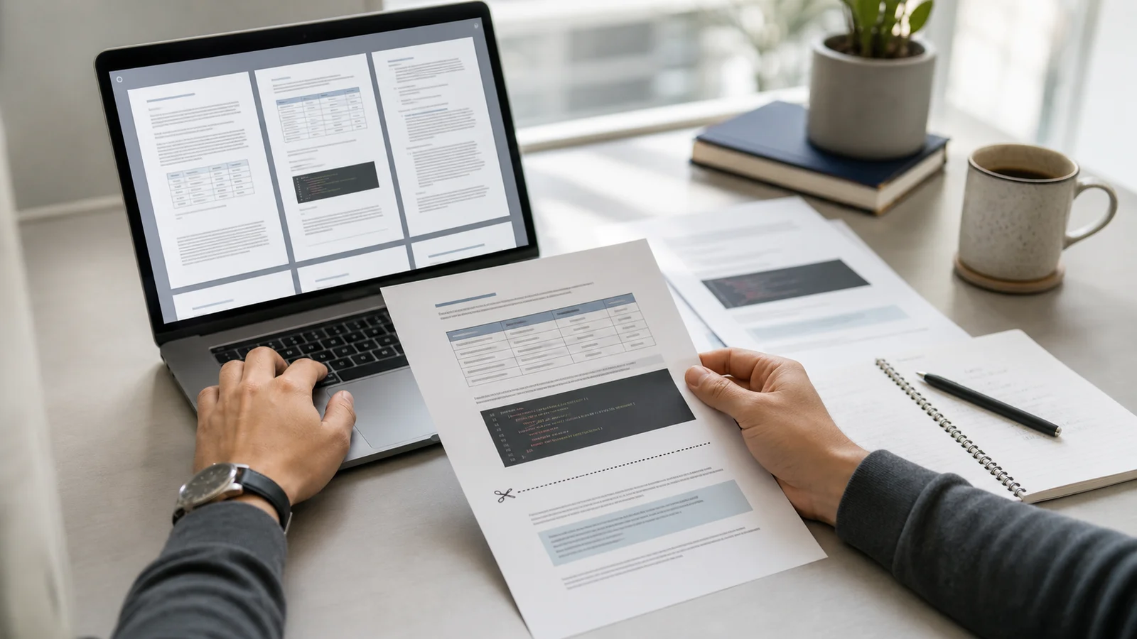 Developer reviewing a PDF layout with tables and code blocks on a laptop and printed pages