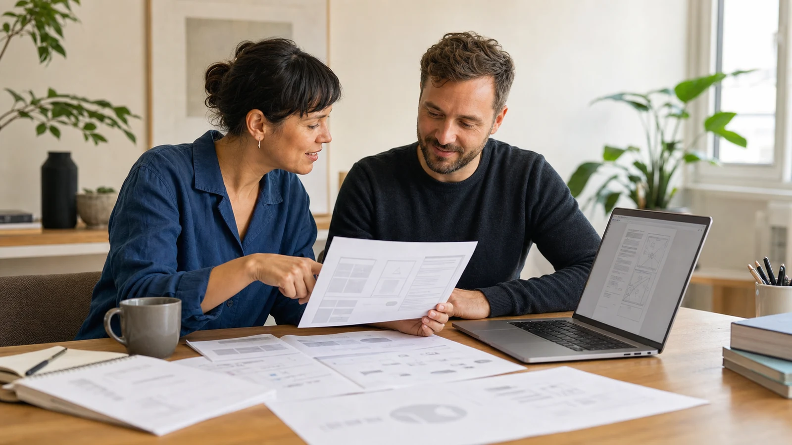 Two colleagues compare printed technical document layouts with a PDF preview on a laptop